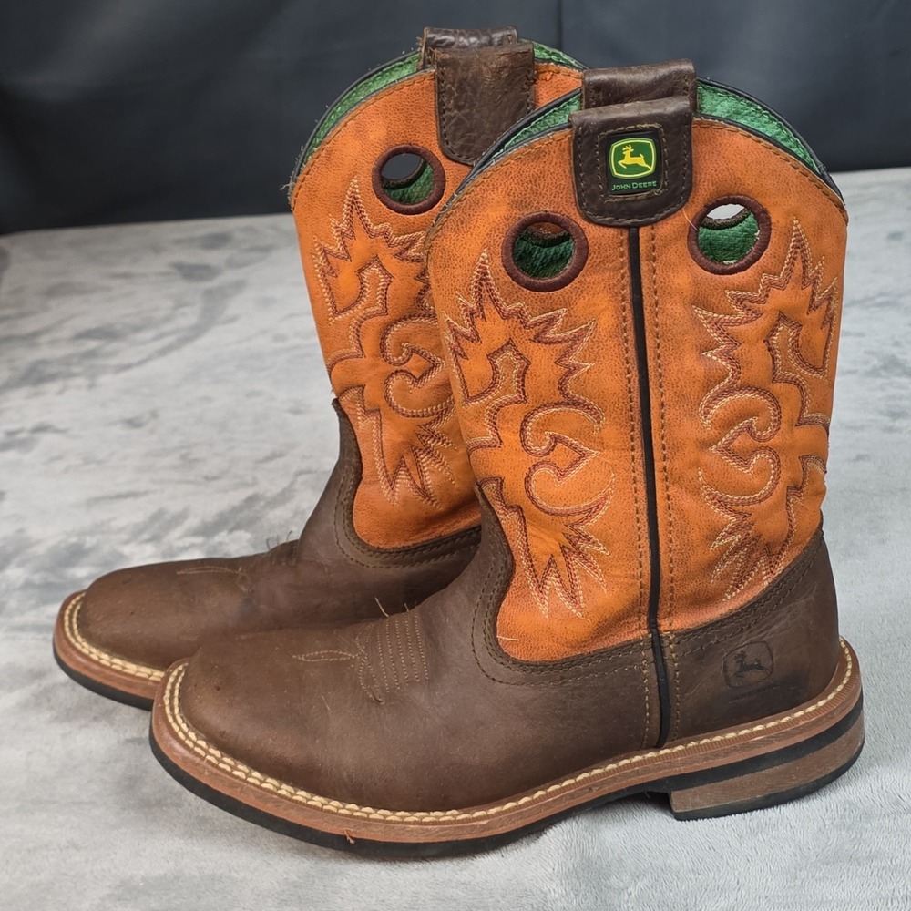 John Deere Youth Leather Cowboy Boots US Size 4.5 Brown Pull On Square Toe